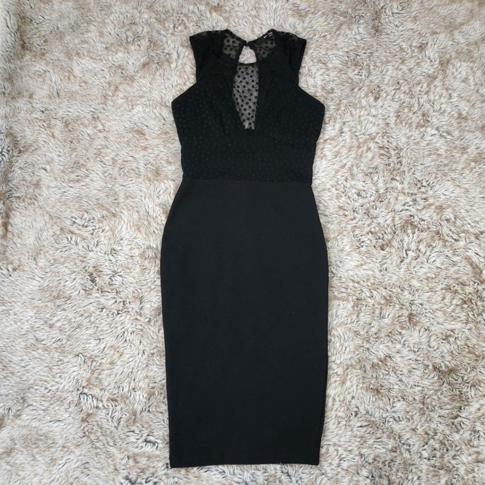 TFNC London Swiss Dot Illusion Neckline Bodycon Pencil Midi Dress Black Small